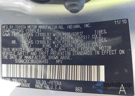 2011 Toyota Sienna Le V6 from USA, damaged, VIN 5TDKK3DC9BS096493